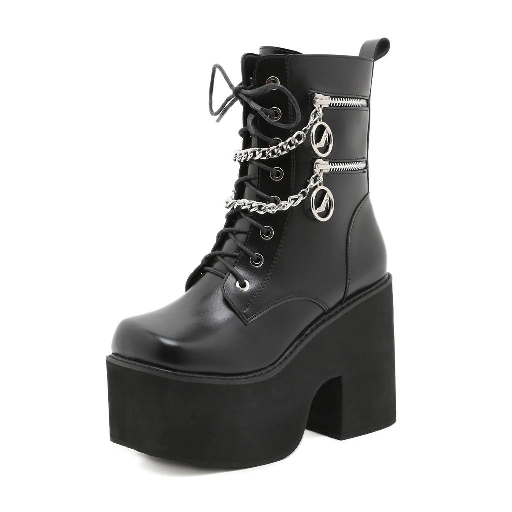 Fashion Black Gothic Motorcycle Boots Zip High Heel Punk Chunky Platform Mid-Calf Women Boots Shoes Women De Mujer Big Size 43