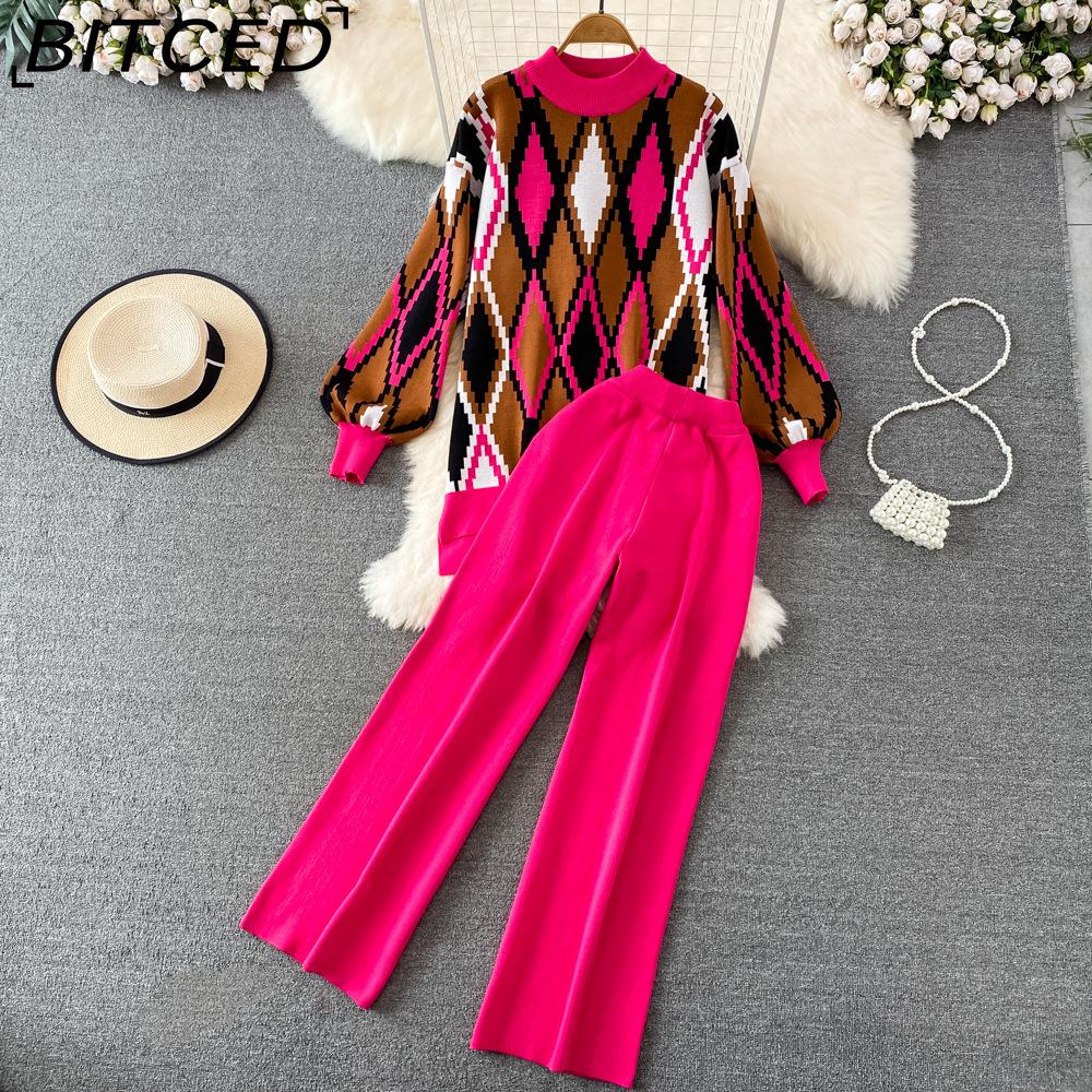 BITCED Conjunto de Moda para Mujer Otoño Invierno Suéter Holgado de Manga Larga a Cuadros Conjunto de Dos Piezas Pantalones de Punto Rectos de Pierna Ancha Adelgazantes de Cintura Alta