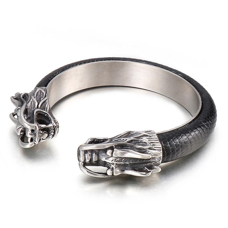KALEN Domineering Stainless Steel Dragon Head Cowhide Open Cuff Bangle Punk