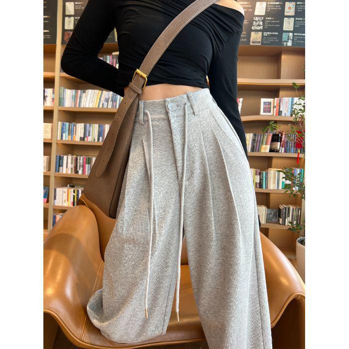 Gray High-Waist Wide Leg Women's Sweatpants - Spring/Autumn Casual Loose Fit with Drawstring