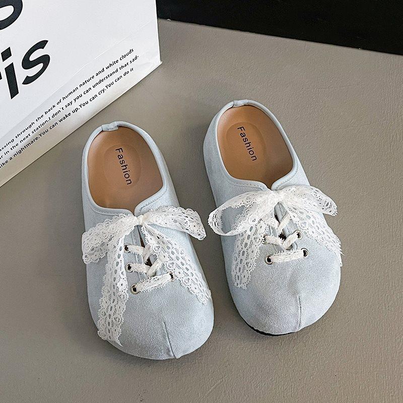 Versatile Bow Bag Head Half Slippers Women'S Outer Wear French Retro Birkenstocks Lace Platform Spring