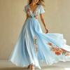 Women's V Neck Short Sleeve Maxi Dress Loose Fit High Waist Sweet Floral Print Chiffon A-Line Dress