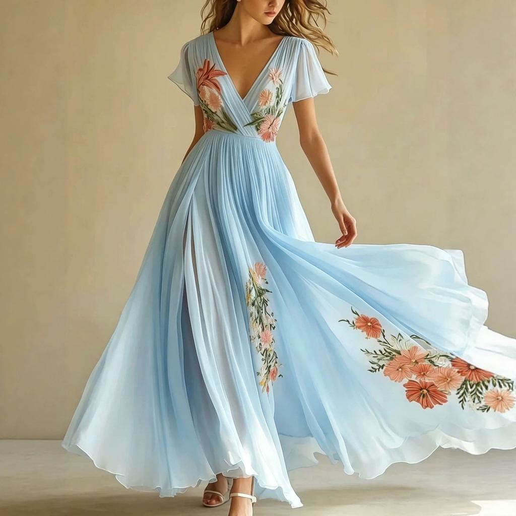 Women's V Neck Short Sleeve Maxi Dress Loose Fit High Waist Sweet Floral Print Chiffon A-Line Dress