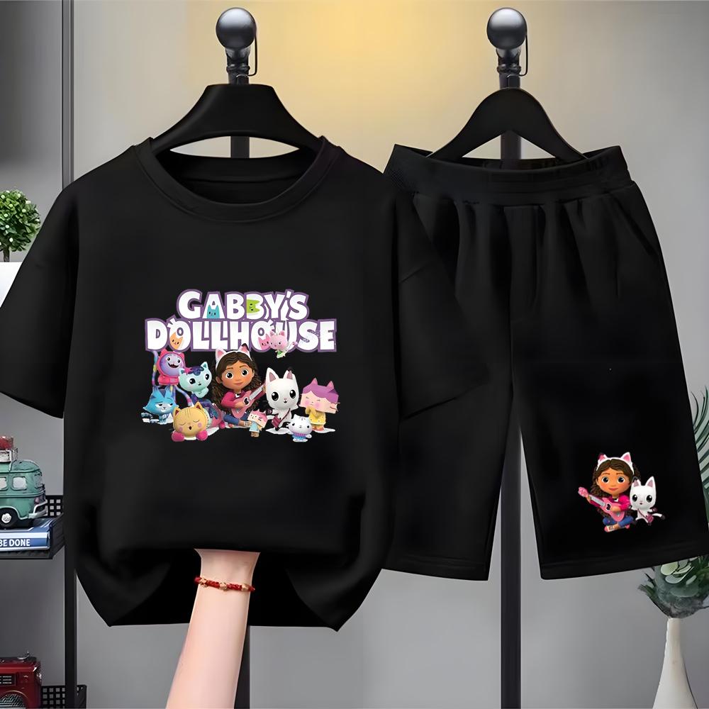 Children Summer Clothing Tshirt+Shorts Gabbys Dollhouse Print Boy Girl Toddler 3-12Yrs Short-Sleeved cool leisure Set