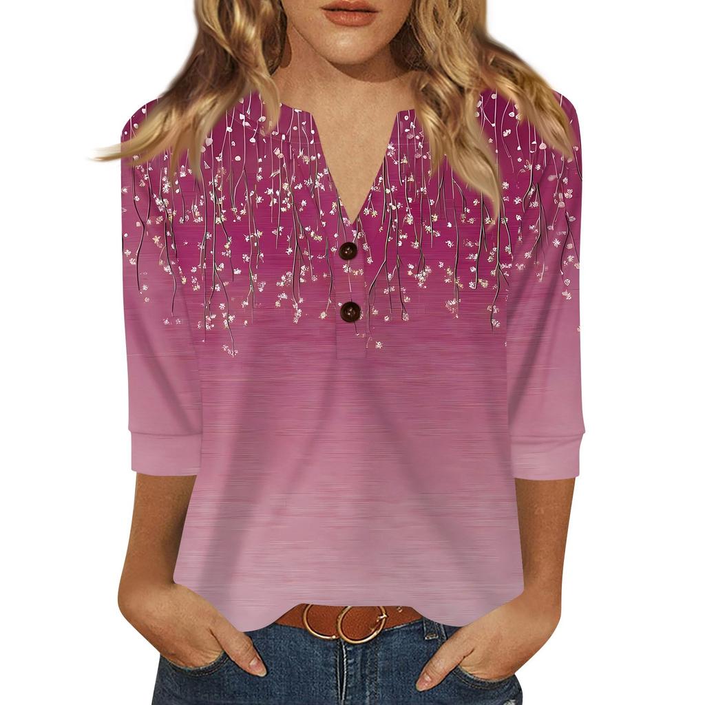 Women's T Shirt Print Button 3/4 Sleeve Daily Weekend Fashion Basic V- Neck Regular Top