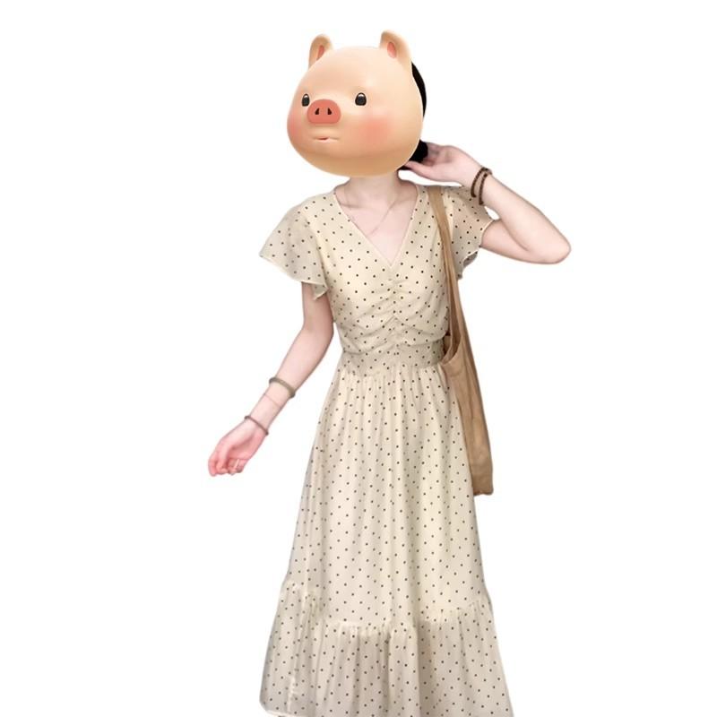 [Chiffon + Inner Lining] French Temperament V-neck Polka Dot Dress for Women's Summer Small Flying Sleeves Seaside Vacation Waist