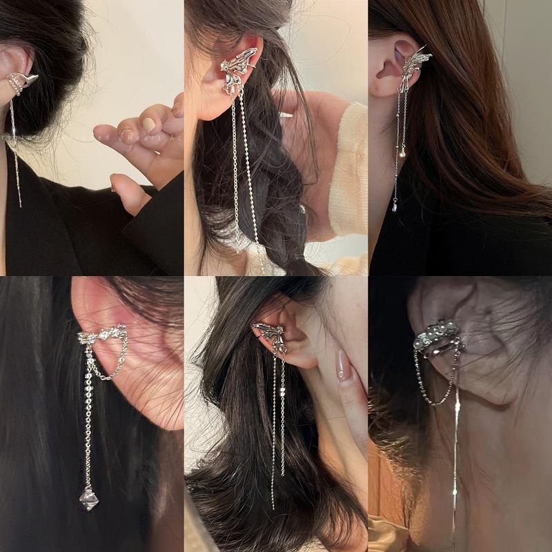 Fashion Long Tassel Clip Earrings for Women Girls Cute Pearl Cubic Zirconia Ear Cartilage Cuff Without Piercing Jewelry Gift