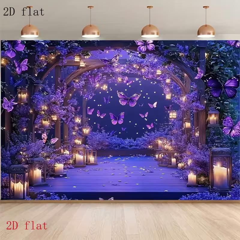 

2D Purple Floral Arch Backdrop with Lanterns & Butterflies for Wedding Ceremony 47.2x31.5inch/120*80cm