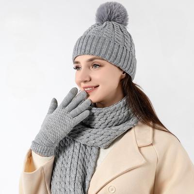 European & American Women's Winter Wool Hat, Scarf, and Leather Gloves Set - Non-Slip, Three-Piece
