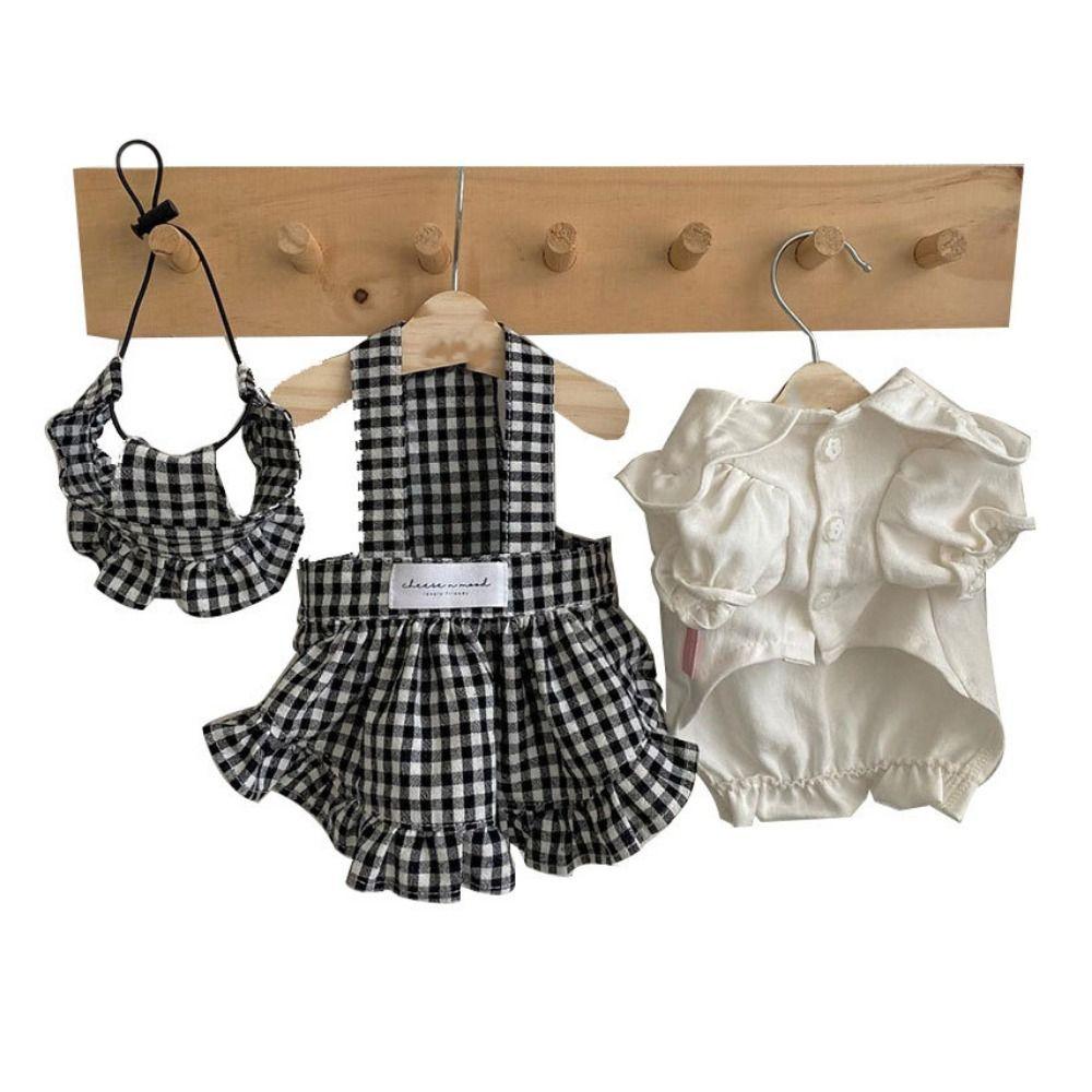 

Soft Puppy White Shirt Breathable Pet Plaid Striped Skirt Cat Suspender Dress Party S-3pcs/set