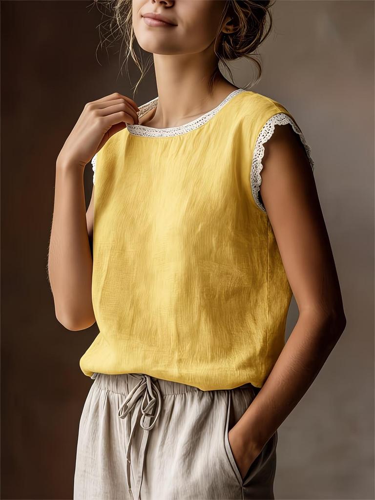 Women's European and American Style Sleeveless Lace Cotton-Linen Shirt, Spring/Summer 2026 Collection.