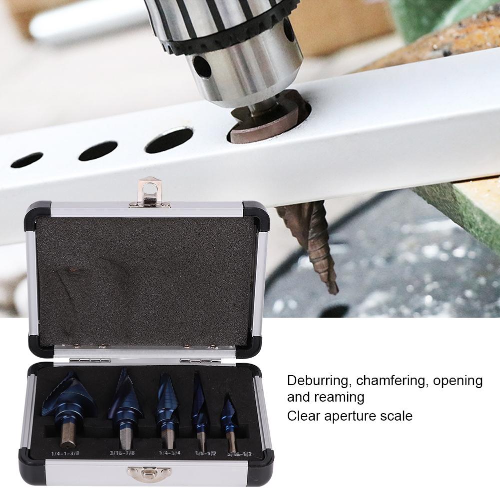 Set de burghie în trepte cu 5 bucăți, tijă triunghiulară, canelură spiralată, placare, debavurare, scule de teşire