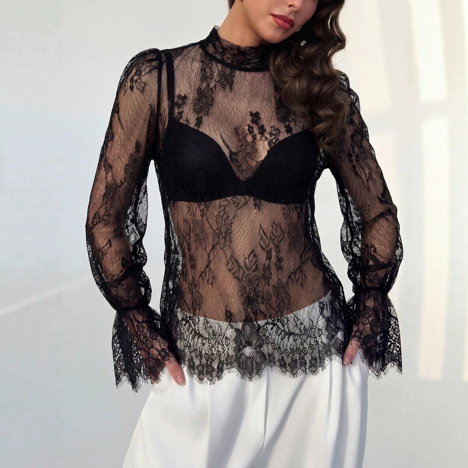 New Style Elegant Lace-trimmed Sheer Trumpet Sleeve Long-sleeved Blouse for Women S чёрный
