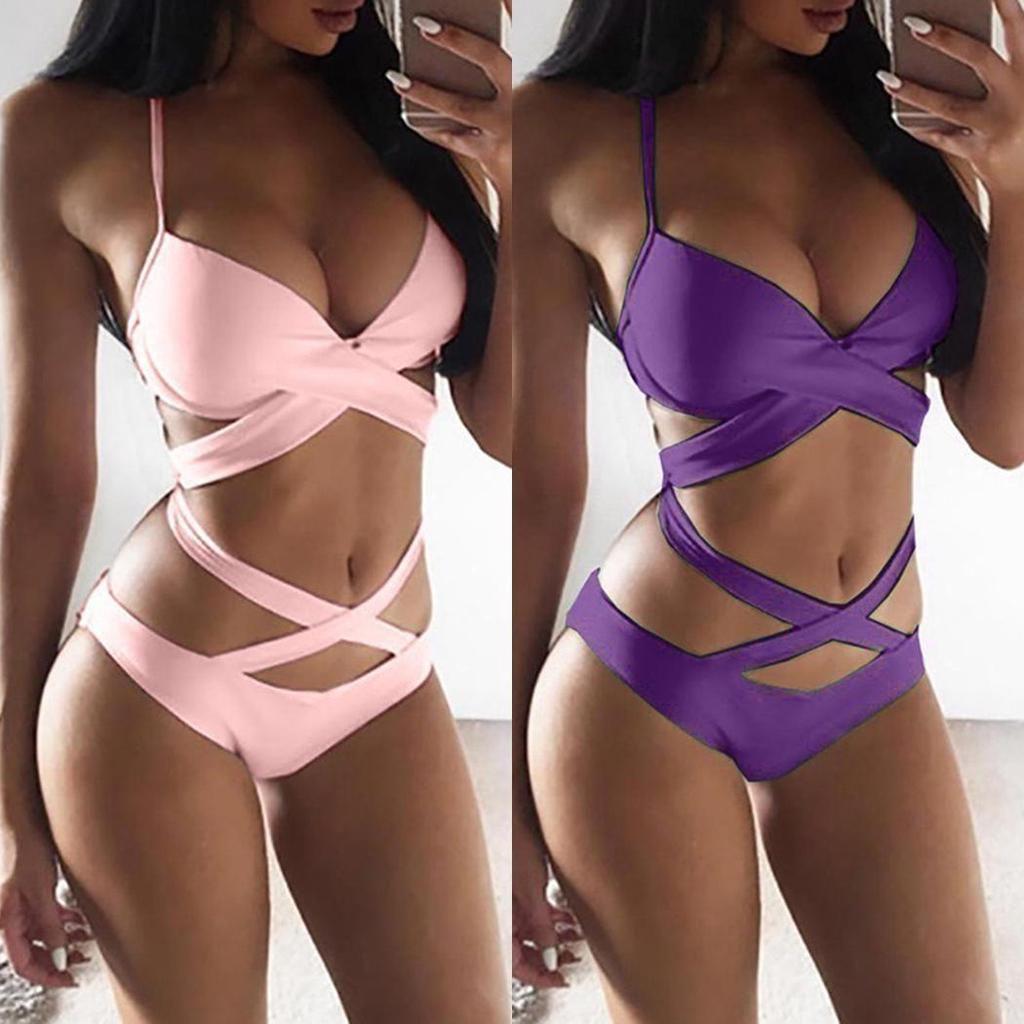 Premium Quality Five Colors Summer Sexy Women Bandage Cross Push-up Bikini Set Bathing Suit
