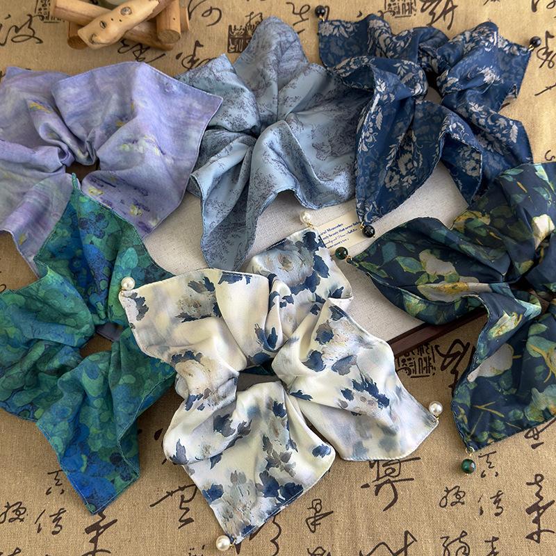 French Style Stain Scrunchies Ponytail Holder Rubber Bands Pearl Square Hair Rope Ties Elastic Hair Bands Women Hair Accessories