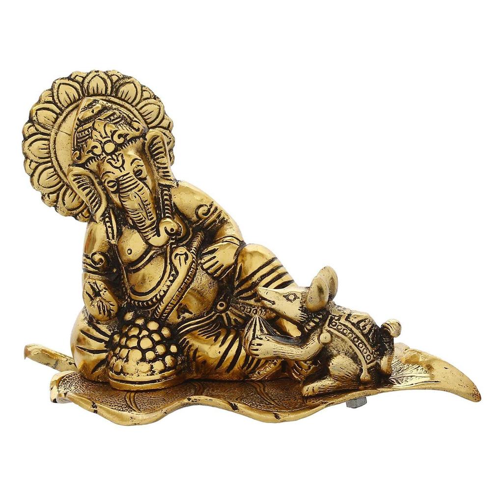 Golden Resting Ganesha with Mushak Metal Decorative Showpiece