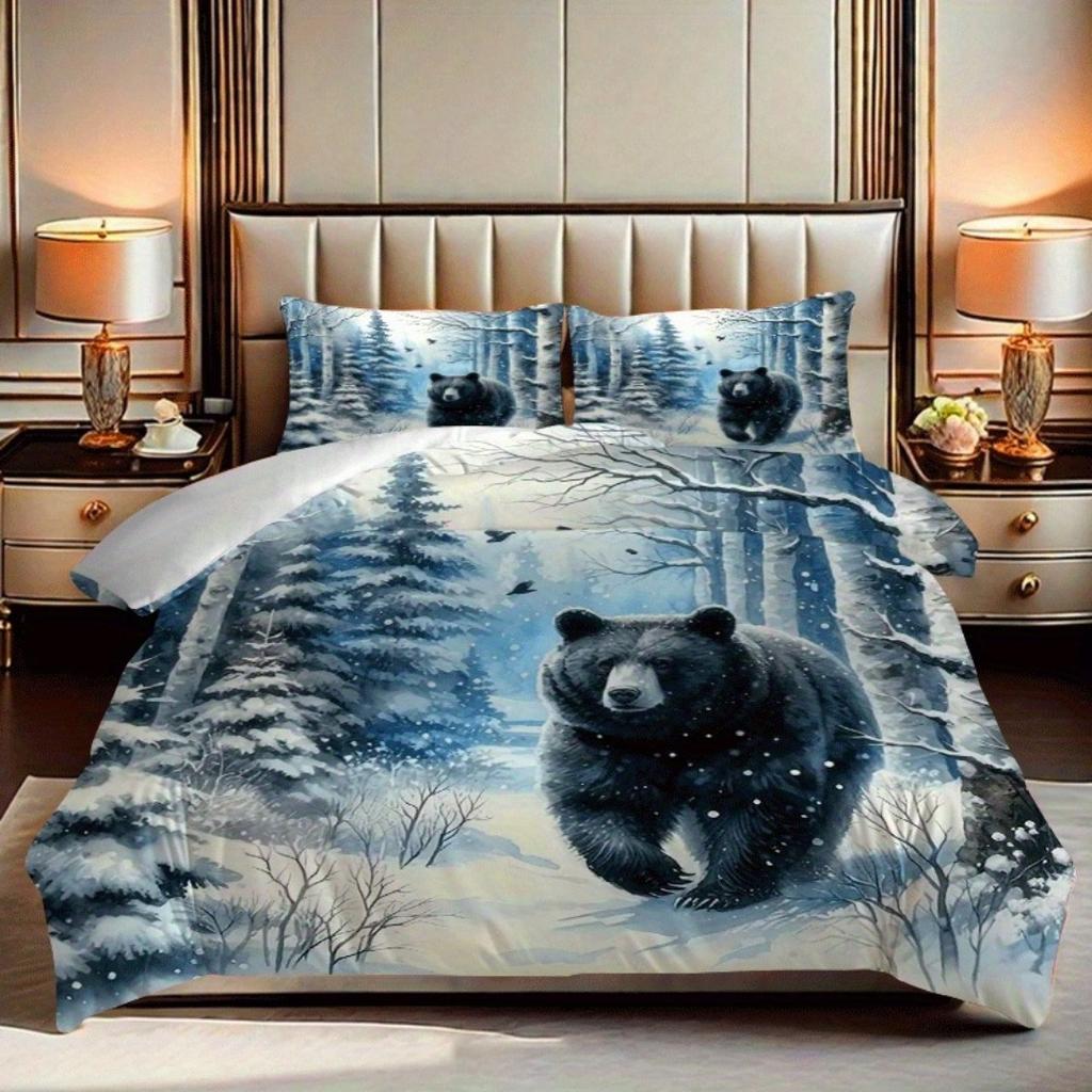 3pcs Blue Snowy Bear 3D Printed Bedding Set Cozy Comfortable Duvet Cover King Queen Twin Size Birthday Gift Bedroom Decoration