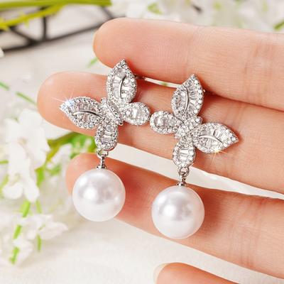Huitan Butterfly Simulated Pearl Hanging Earrings Women Aesthetic Accessories for Wedding Party Fancy Gift Statement Zircon