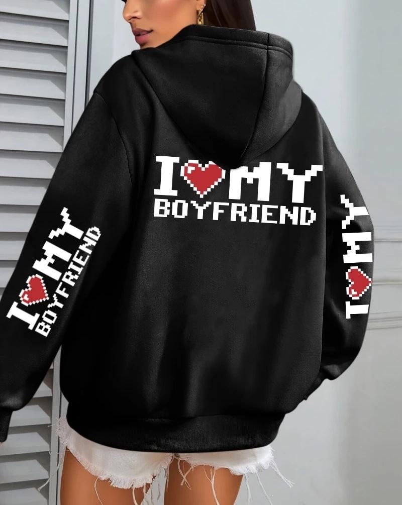 I Love My Boyfriend Printed, Women'S Hoodie Fall Loose Casual Pocket Fleece Pullover