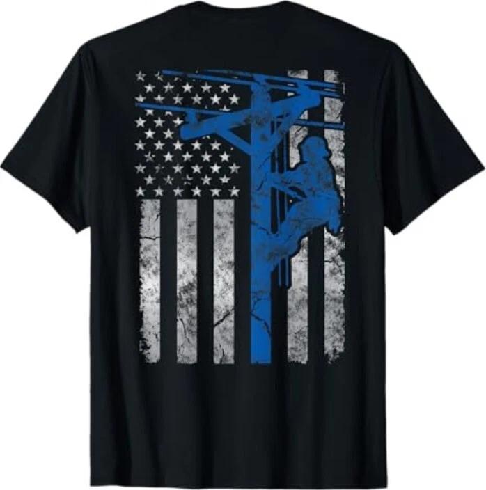Distressed Patriotic Thin Blue Line Lineman American Flag T-Shirt S