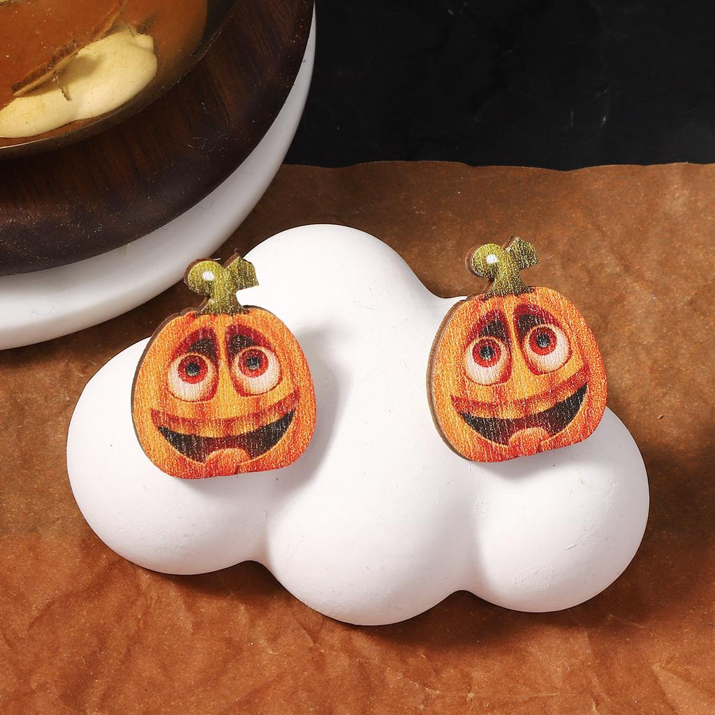 Neue Halloween kreative und lustige Holz bedruckte Kürbis Emoji Ohrstecker, ein Nischen- und trendiger Stil