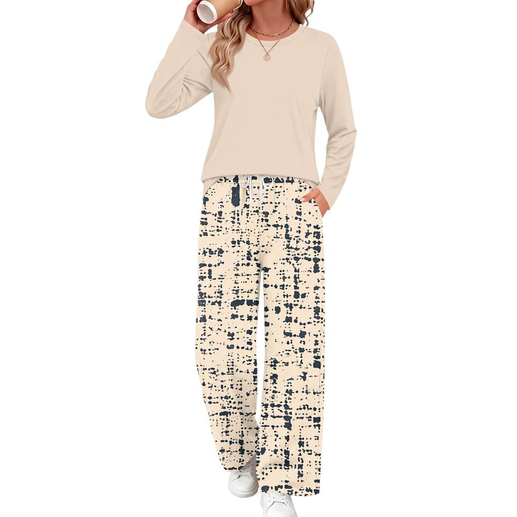 Women's Casual Pajama Set with Pockets, Long Sleeve Neck Loose Fit Printed Sleepwear