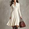 Rochie Midi Casual pentru Femei, cu Fermoar pe Jumătate, Tricotată cu Nervuri, Croială A-line, Guler Înalt, Mânecă Lungă