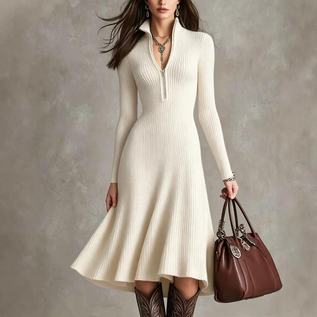 Rochie Midi Casual pentru Femei, cu Fermoar pe Jumătate, Tricotată cu Nervuri, Croială A-line, Guler Înalt, Mânecă Lungă