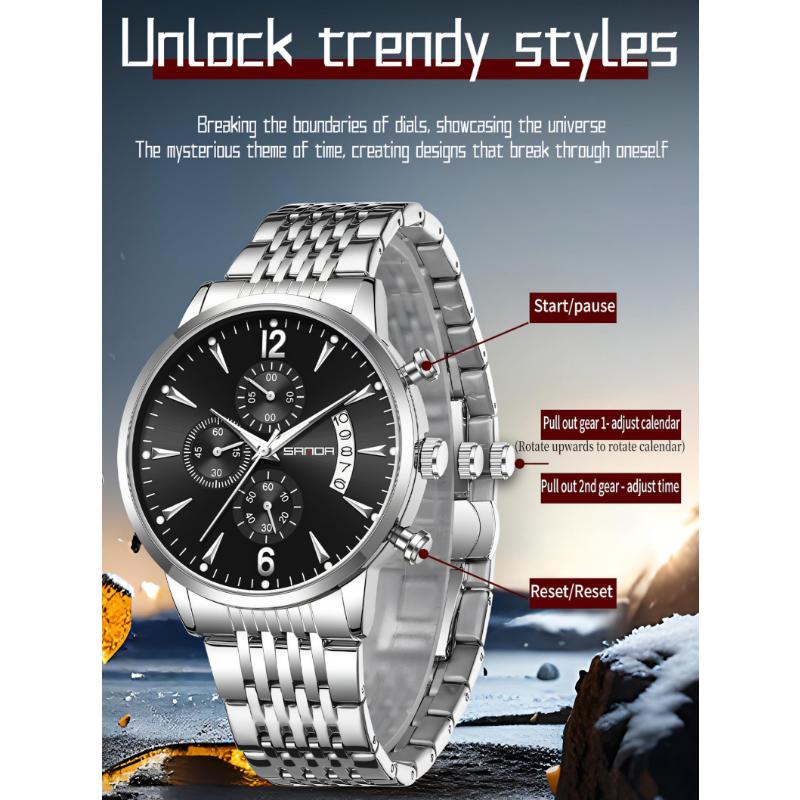 SANDA Fashion Men Chronograph Wristwatches Stainless Steel Waterproof Luminous Man Watch Date Quartz Business Men's Watches