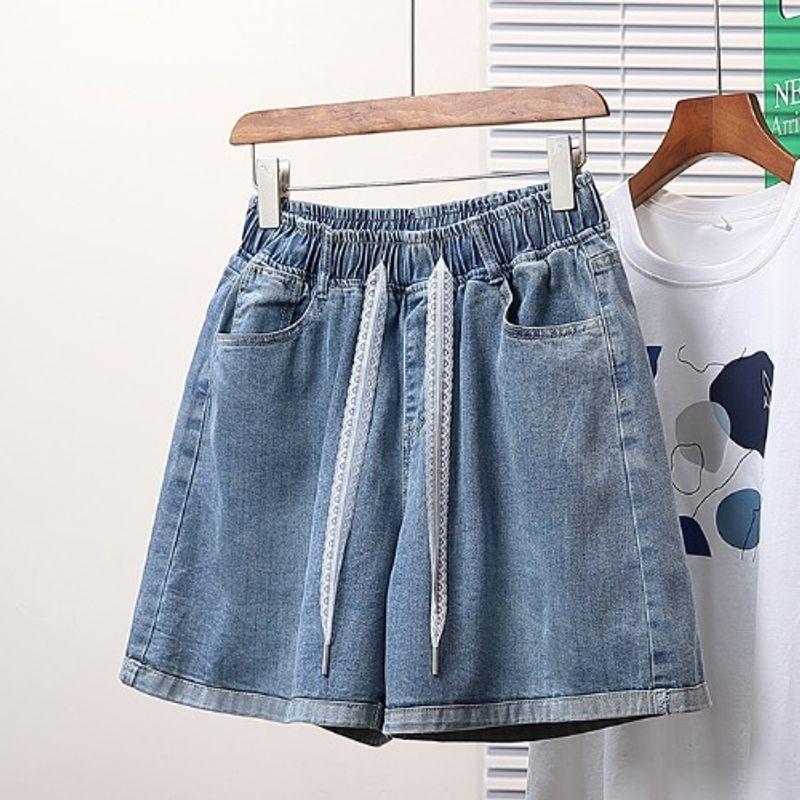 Summer New Plus Size Women's Clothing Lace Bandage Elastic High Waist Loose Thin Elastic Four Points Denim Shorts Hot Pants