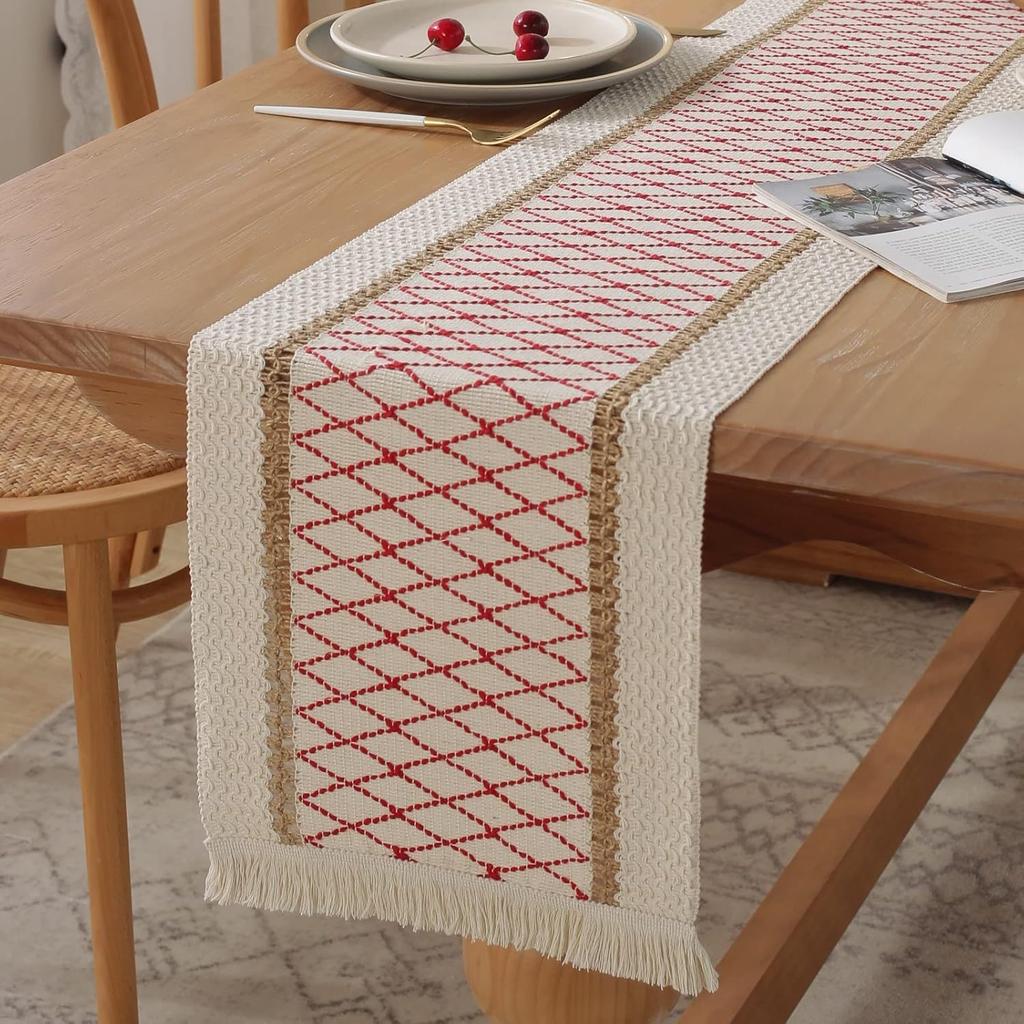 Böhmische Rustikale Hochzeitsdeko Baumwolle Leinen Tischläufer mit Quasten