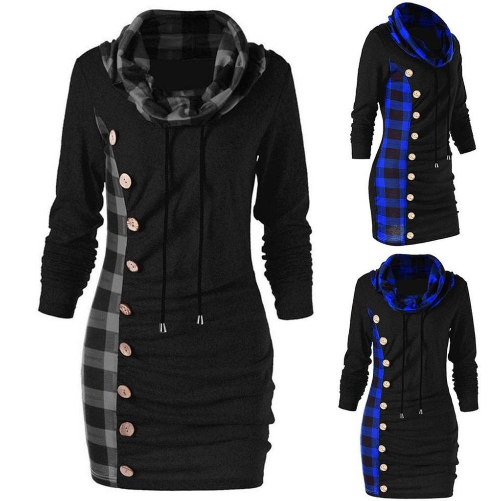 Women Bow-Neck Drawstring Plaid Patchwork Buttons Vintage Long Sweatshirt Top