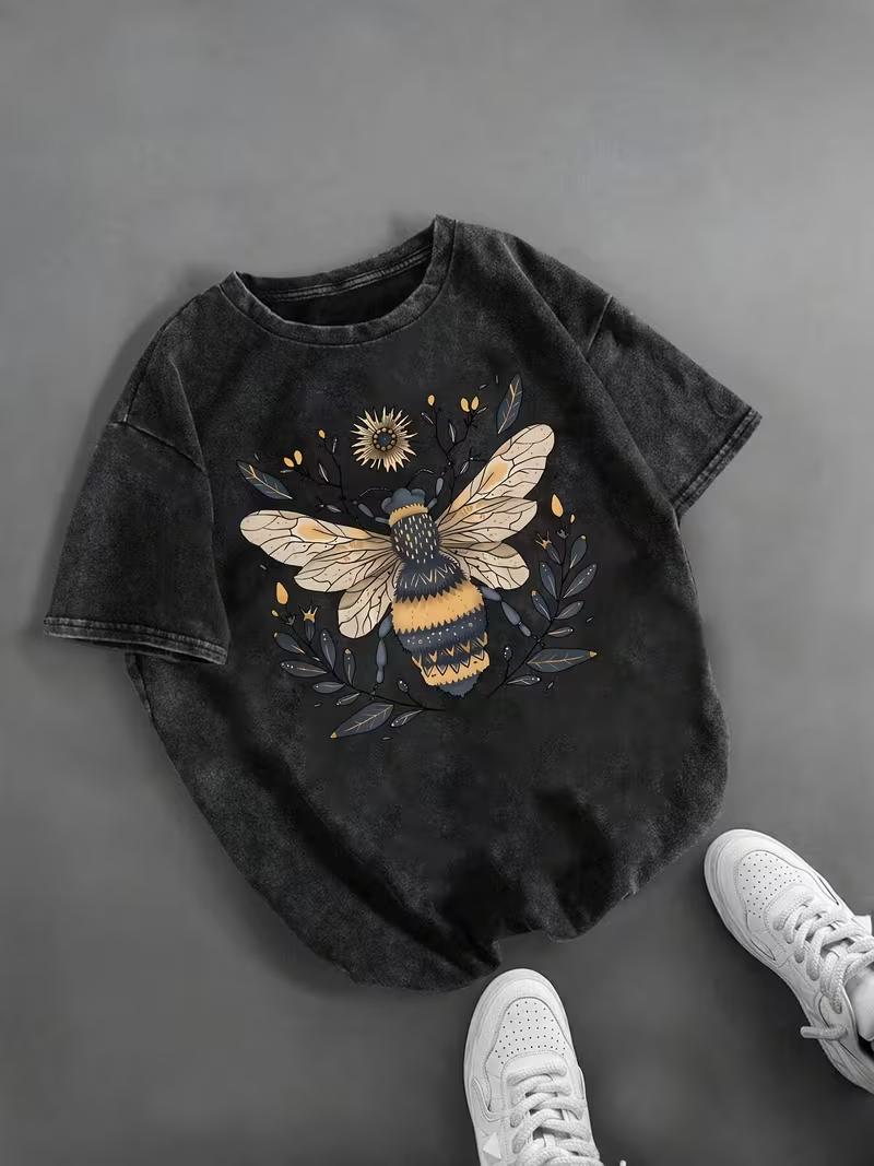 

Bee T Shirt Washed Tshirt Suitable for Daily Commuting Casual Outings Daily Wear Classic Retro Style Womens Clothing S
