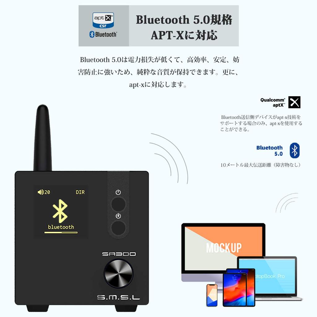 SMSL SA300 Bluetooth 5.0 Amplifier Power Amplifier HI-FI Class D Audio Digital Amplifier with MA12070 Amplifier IC / 80W x 2 High Output / EQ & Treble