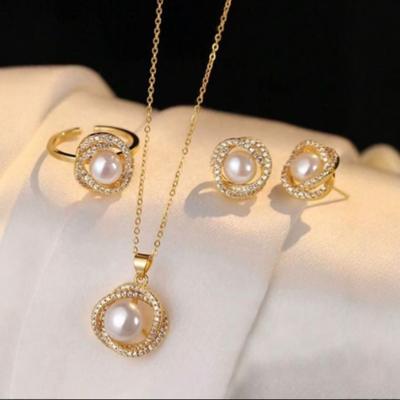 Shell Pearl Gold-Color for Women Cubic Zirconia Necklace Earrings with Party Birthday Wedding Jewelry Sets Gift