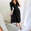 Dámské podzimní 2022 jednobarevné rozšířené šaty s řasením v pase a sedmirukávy