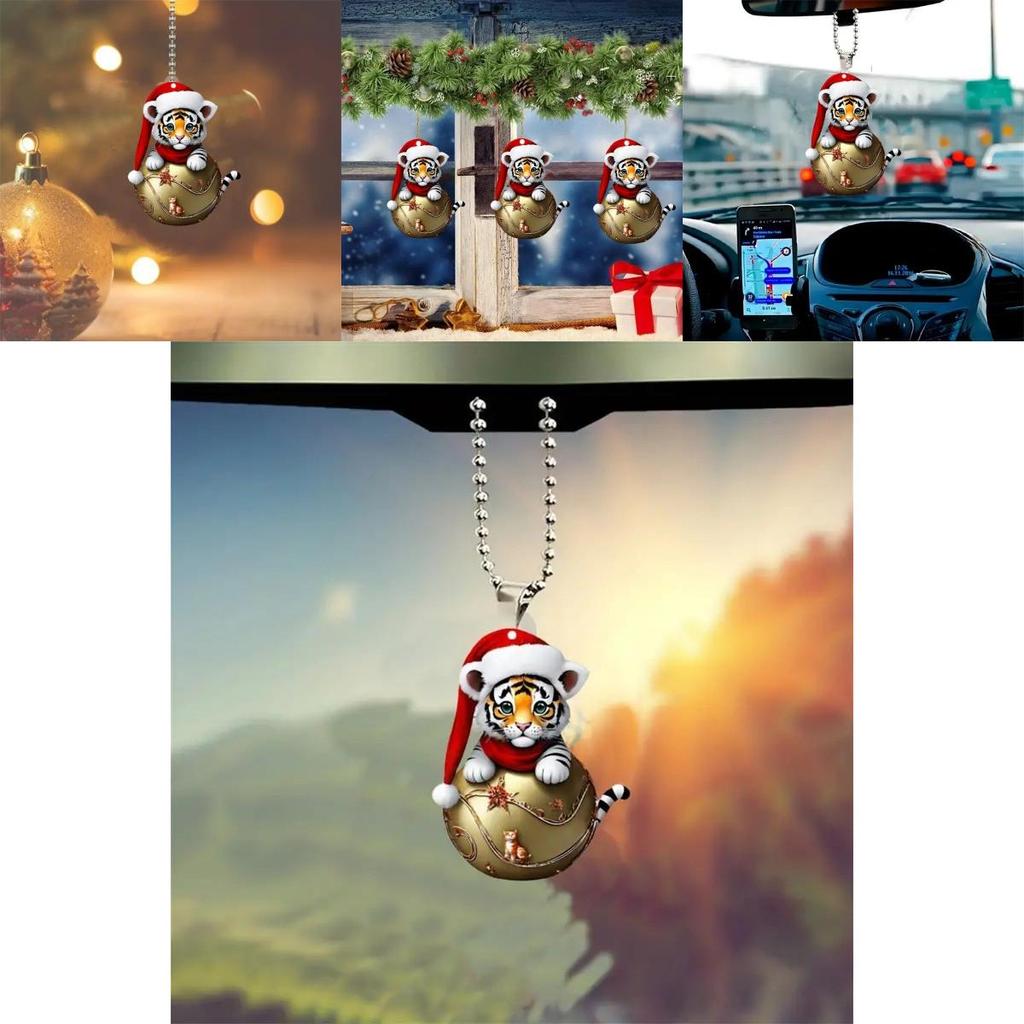 Car Decor Keychain With Cute Tiger Wearing Christmas Hat Design Acrylic Pendant For Home And Travel