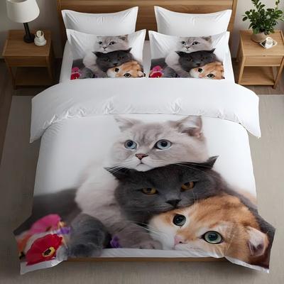 Cute Three Kittens 3D Print Bedding Set For Kid Teen Adult Animal Style Duvet Cover Soft Comfortable Home Polyester Quilt Cover