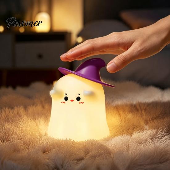 Cute Ghost Magician Decor Silicone Night Light with Tap Sensing Control, Rechargeable LED Lamp for Eye Protection Sleep Bedroom Kids Room Decor,