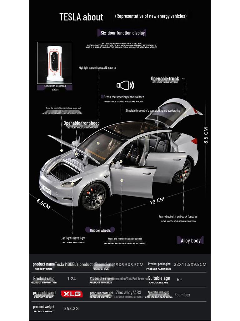 XLG1:24 Tesla Model Y Alloy Car Simulation Sedan Ornament Toy for Children.