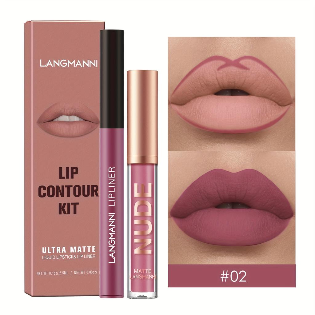 2pcs Matte Lip Color Set with Lip Liner - Long-Lasting, Non-Stick, Water-Resistant Lipstick & Lip Liner Combo Makeup Set Smooth Application