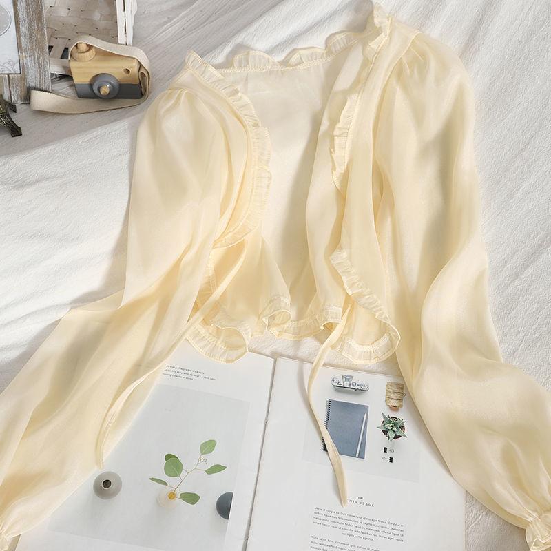 Women Summer Sun Protection Coat Lace Bow Ruffle Cardigan Shirt Female Blouse Tops for Woman Covers Blusa White Y2K