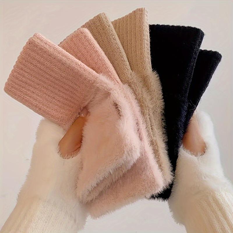 Plush Splicing Knit Gloves Stylish Solid Color Fingerless Hand Warmers With Thumb Hole Winter Coldproof Versatile Writing Gloves