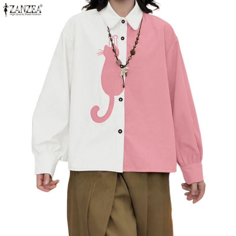 ZANZEA Blusa informal de retales de manga larga con cuello vuelto para mujer