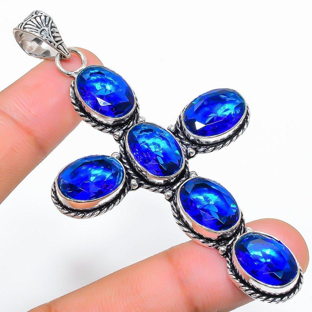 Natural London Blue Topaz Gemstone 925 Sterling Silver Pendant 3.35" F1z96
