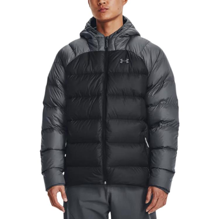 Under Armour Farbblock-Design Logo Reißverschluss Winddicht Warm Kapuzen-Daunenjacke Herren Jacken Schwarz Grau 1364903-002