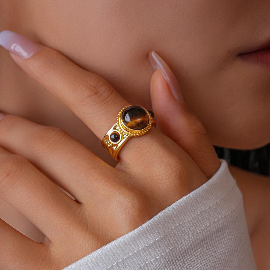 Tiger's eye pleated irregular round open ring personalized niche unique jewelry
