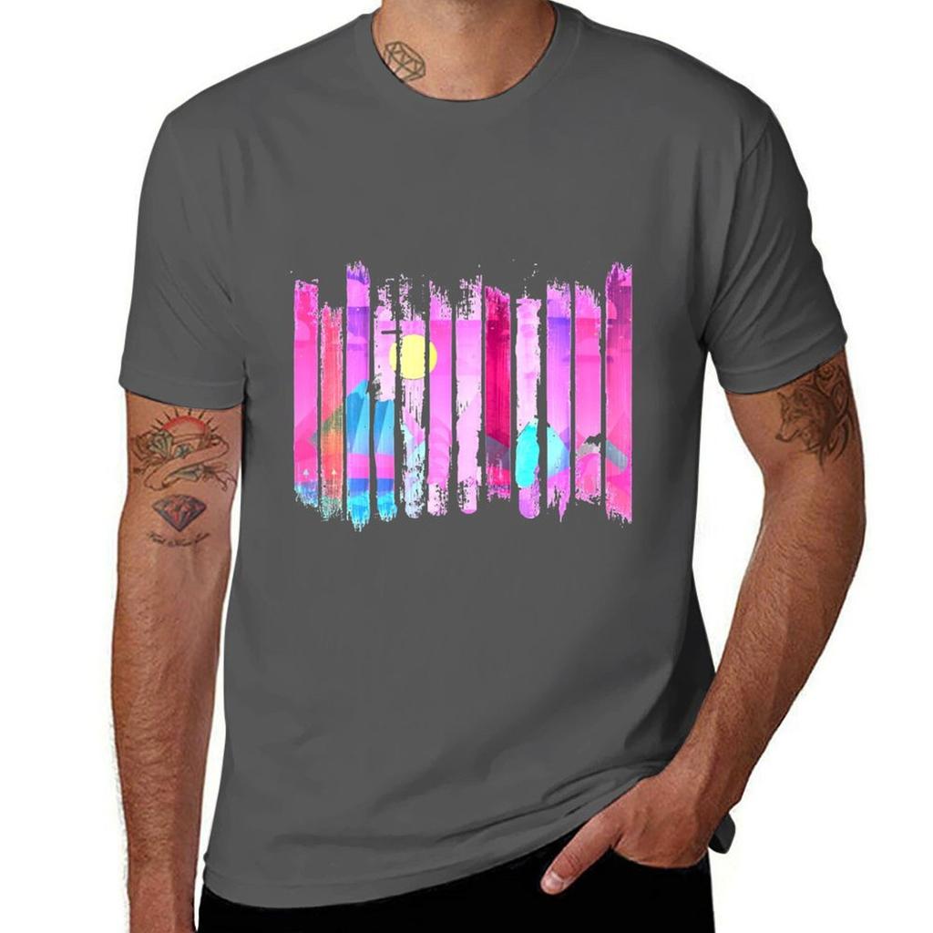 Pink Brushstrokes Landscape With Blue Mountains And Golden Yellow Sun Tshirt Creative Graphic Tee Shirt Tshirt