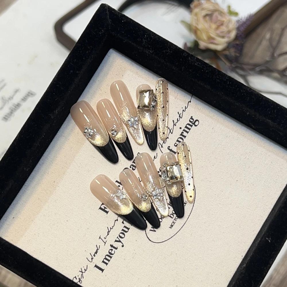 10Pcs Handmade Cat Eye Gradient Long Coffin Stiletto Press On Nails With Glitter Diamond Pearl Flower Bowknot Decorations