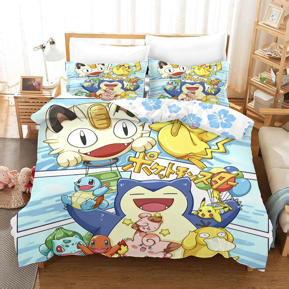 Pokemonzd 3Pcs Duvet Coverskids Cartoon Bedding Set Quilt Cover Twin Full Bedroom Bed  King Size  Decor For Teens Best Gifts